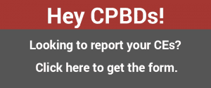 Red and grey banner with white text that says "Hey CPBDs! Looking to report your CEs? Click here to get the form."