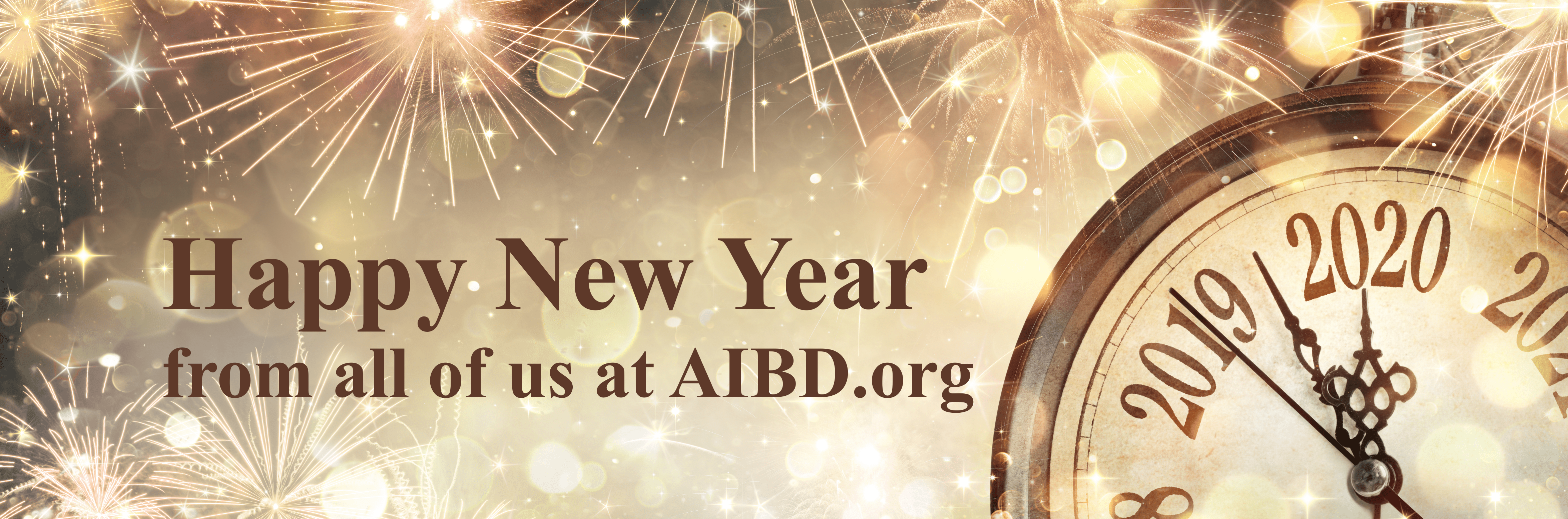 A clock set to the year 2020 and text that says Happy New Year from all of us at AIBD.org.