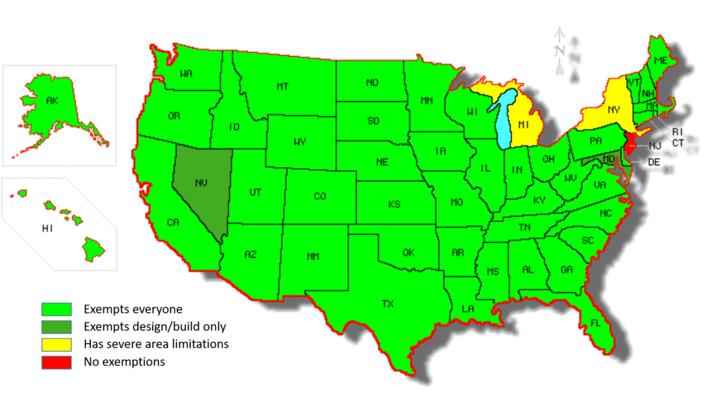 A map of the United States illustrating where the design of single-family residences are exempted from the state architectural statutes.