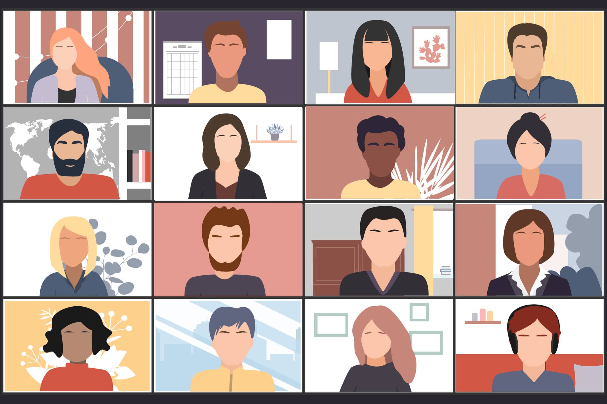 Illustration of people in squares like a Zoom chat.