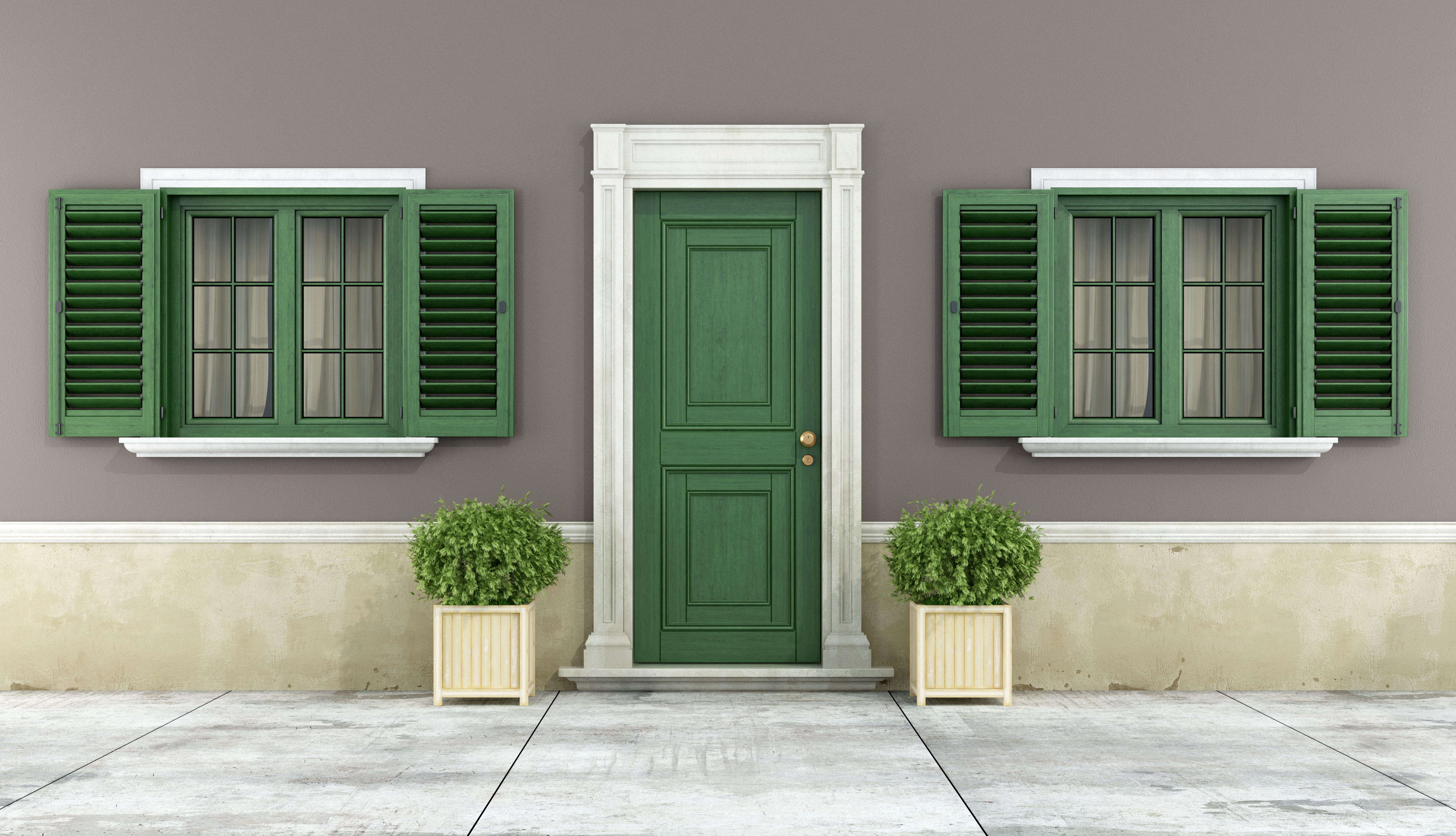 Detail of a classic house with green wooden windows and front door - rendering