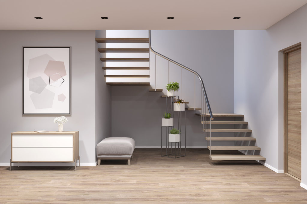 A rendered 3D model of a room interior including stairs with intermediate landings.