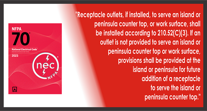 "Receptacle outlets, if installed, to serve an island or peninsula countertop or work surface, shall be installed according to 210.52(C)(3). If an outlet is not provided to serve an island or peninsula countertop or work surface, provisions shall be provided at the island or peninsula for future addition of a receptacle to serve the island or peninsula countertop."